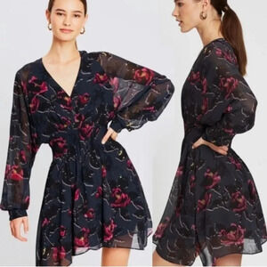 ALLSAINTS Nichola Rosalyn Dress S Black Floral Chiffon Smock Waist Gray $260